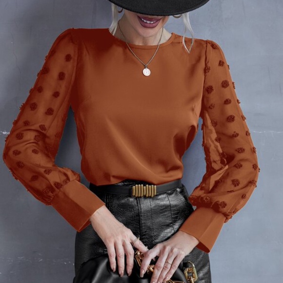 Navy blue Swiss Dot Sheer Sleeve Chic Blouse Work Minimalist - Picture 5 of 8